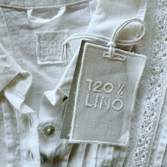 NWT 120% Lino Belted Linen Button Front Pintuck Detail Shirt Dress in White Sz S - Picture 4 of 11